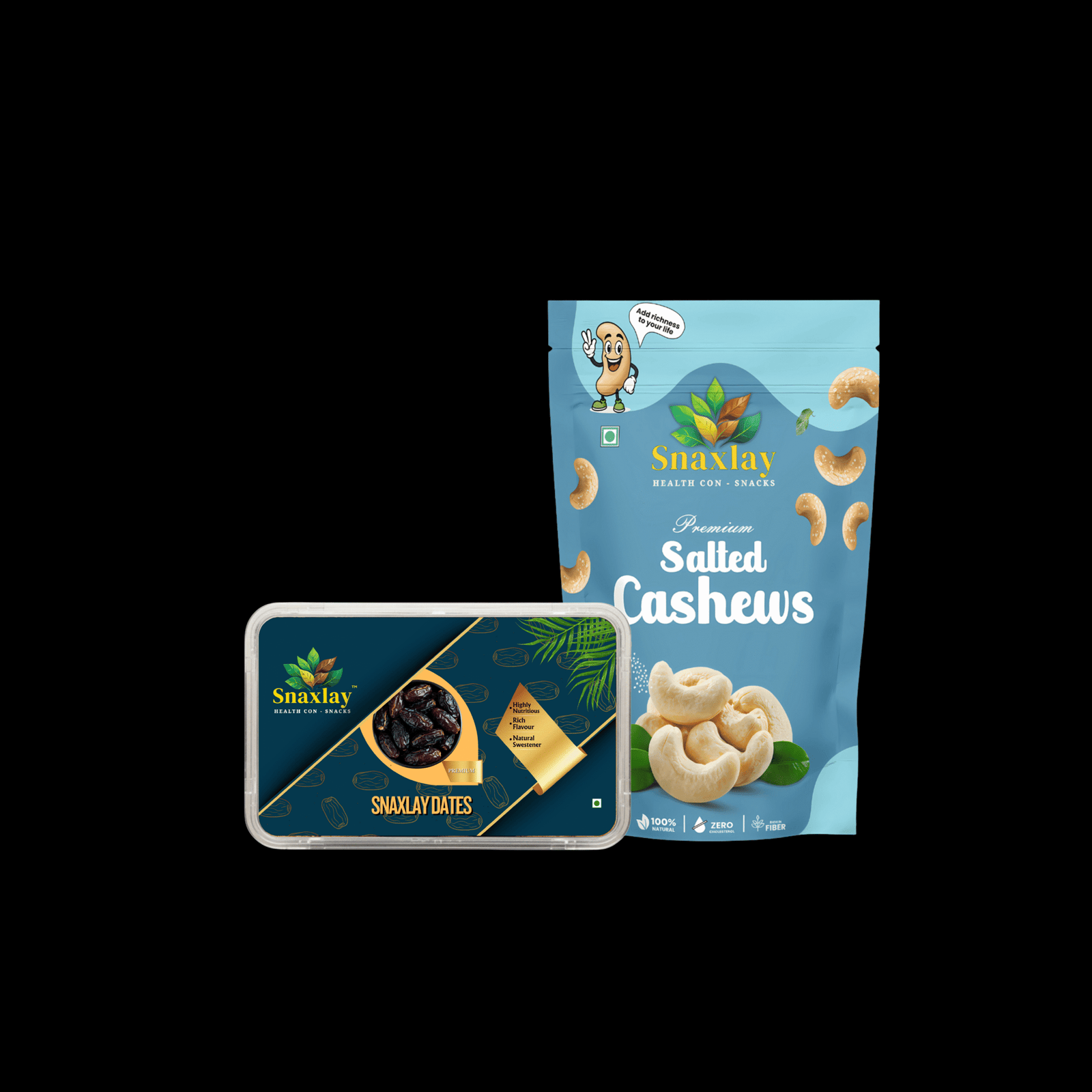Snaxlay Premium Combo – Salted Cashews & Soft Arabian Dates | Healthy Snacks Combo | High-Fiber Dates & Crunchy Cashews