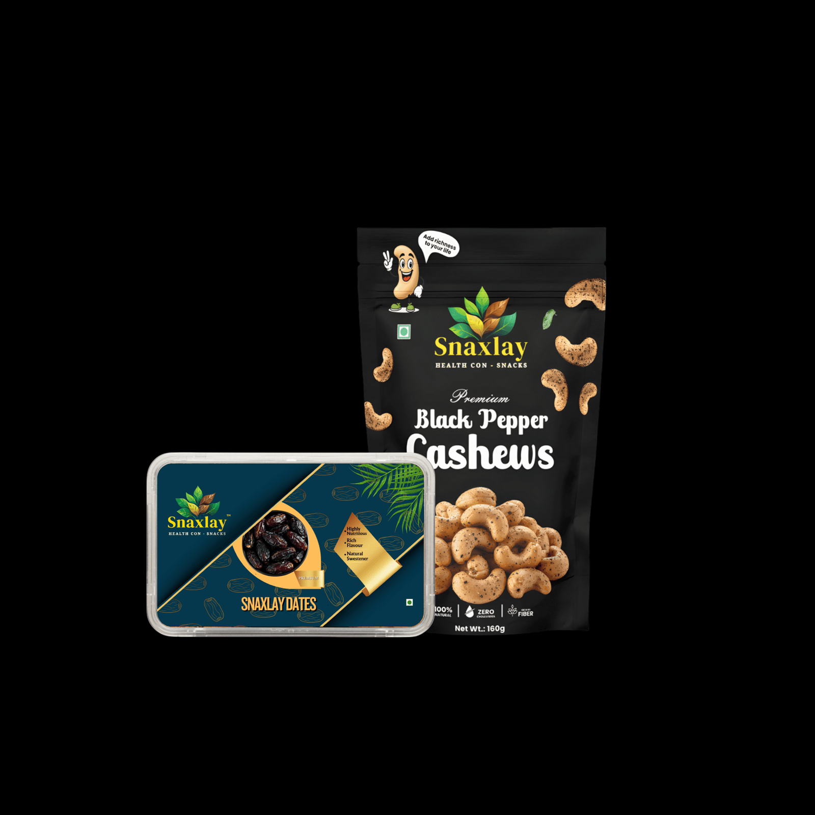 Snaxlay Black Pepper Cashews & Soft Arabian Dates Combo | Spicy Roasted Cashew160g Nuts with Sweet Premium Dates 500g | Healthy Protein-Rich Dry Fruit Snack Pack